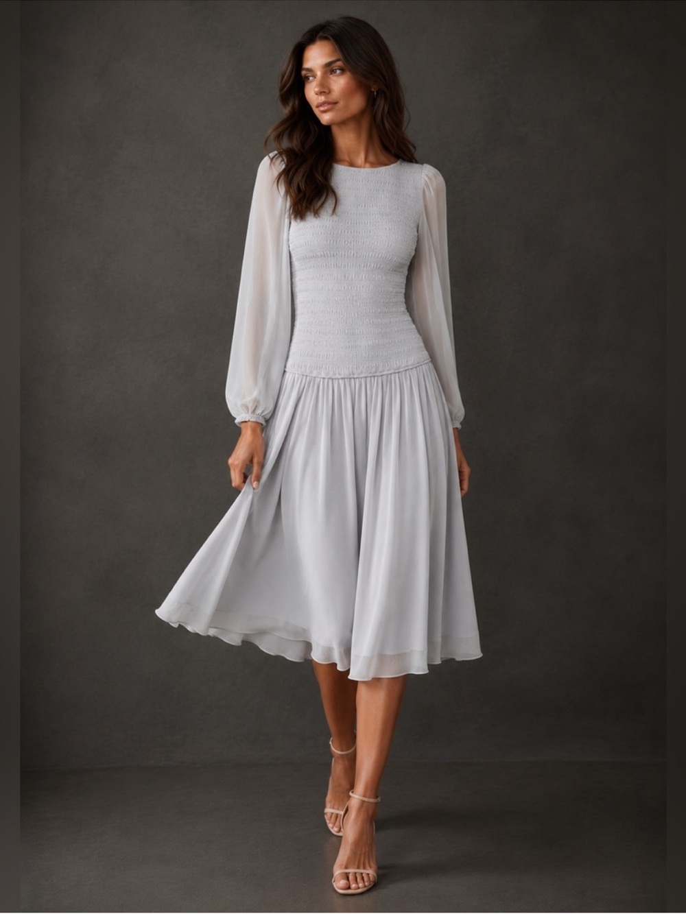 NWT Aritzia Wilfred Babette Chiffon Smocked Midi Dress In Chrome Grey Size M